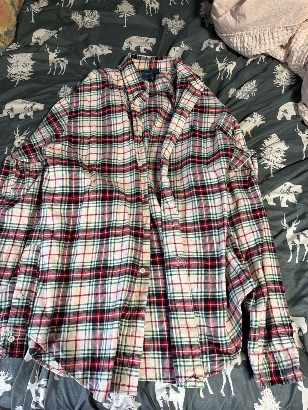 Polo Ralph Lauren Plaid Button-Up Flannel Shirt in White, Red & Green